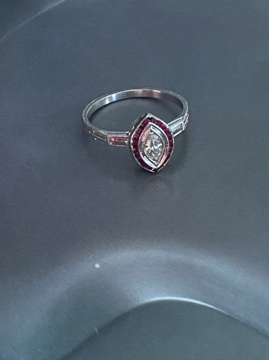 14k Marquise Diamond Ruby Halo Ring